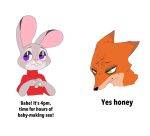  2021 anthro buckteeth canid canine clothed clothing dialogue dick_flattening disney duo english_text female fox fur green_eyes grey_body grey_fur impregnation_request judy_hopps lagomorph leporid looking_aside male mammal meme nick_wilde orange_body orange_fur ponporio_(artist) purple_eyes rabbit simple_background sweater teeth text topwear turtleneck_sweater white_background zootopia 