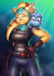  2021 absurd_res ambiguous_gender angela_cross anthro belt blue_eyes bottomwear breasts clothing duo eyebrows female fur glistening gloves hand_on_hip handwear hi_res lazy-a-ile lombax looking_at_viewer mammal pants protopet ratchet_and_clank smile smiling_at_viewer sony_corporation sony_interactive_entertainment stripes video_games yellow_body yellow_fur 
