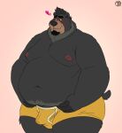  &lt;3 2021 anthro beard belly black_body blush bodily_fluids bulge clothing facial_hair genital_fluids hi_res humanoid_hands male mammal moobs navel nipples obese obese_male overweight overweight_male precum simple_background solo trashtoonz underwear ursid 
