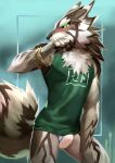  2021 abs absurd_res anthro blush bracelet bulge canid canine canis claws clothing digital_media_(artwork) embarrassed finger_claws fluffy fluffy_tail fur green_eyes hair hi_res jackal jewelry lifewonders male mammal markings muscular muscular_anthro muscular_male navel reveal seth_(tas) shaded shirt solo spiky_hair t.y.stars tokyo_afterschool_summoners topwear tuft underwear video_games 