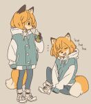  alcohol anthro beer beer_bottle beverage bottle bottomwear canid canine clothed clothing denim denim_clothing english_text eyes_closed female footwear fox fur glass_bottle hair holding_bottle holding_object hoodie jeans kemono laugh looking_aside mammal open_mouth open_smile orange_body orange_fur orange_hair pants red_fox shizuku_(yagi) shoes simple_background sitting smile sneakers solo standing text topwear yagi_the_goat 