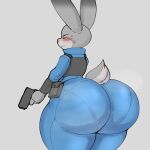  1:1 absurd_res anthro big_butt blush bodily_fluids butt disney grey_background gun hi_res holding_gun holding_object holding_weapon huge_butt judy_hopps lagomorph leporid mammal rabbit ranged_weapon reddrago simple_background sweat thick_thighs weapon zootopia 