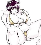  anthro belly big_breasts bikini blush breasts butt butt_from_the_front camel_toe catti_(deltarune) clothed clothing colored_nails curvy_figure deep_navel deltarune domestic_cat ear_piercing ear_ring felid feline felis female front_view fur hand_under_clothes hi_res highlights_(coloring) huge_breasts kannoie looking_at_self looking_down looking_down_at_self mammal nails navel overweight overweight_anthro overweight_female piercing pink_highlights pink_nails simple_background sitting skimpy solo swimwear thick_thighs undertale_(series) video_games voluptuous white_body white_fur wide_hips yellow_sclera 