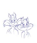  2021 big_nose domestic_cat duo eyebrows eyelashes felid feline felis female half-closed_eyes hi_res looney_tunes male mammal monochrome narrowed_eyes penelope_pussycat purple_and_white signature sketch small_nose smile smolcilla sylvester tuft warner_brothers whiskers 