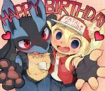  2021 anthro blonde_hair blue_body blush claws clothing duo english_text fatal_fury fingerless_gloves gloves hair handwear hat headgear headwear hi_res inner_ear_fluff kemono looking_at_viewer lucario male mammal nintendo pawpads pok&eacute;mon pok&eacute;mon_(species) red_clothing red_eyes red_topwear spikes spikes_(anatomy) syuro terry_bogard text text_on_clothing text_on_hat text_on_headwear tongue tongue_out topwear tuft video_games 