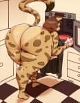  anthro appliance bent_over big_breasts big_butt bottomless breasts butt clothed clothing domestic_cat felid feline felis female green_eyes hi_res huge_butt jasmine_(arizel) kitchen_appliance kkoart mammal nipples oven rear_view solo thick_thighs tongue tongue_out wide_hips 