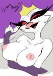  absurd_res anthro aptom7747 avian breasts claws crown demon dialogue female fingers fur genitals hair helluva_boss hi_res mature_female nipples open_mouth open_smile pussy red_eyes simple_background smile stella_(helluva_boss) tongue white_body white_fur white_hair 