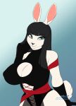  anthro big_breasts black_hair breasts cleavage clothed clothing female fur hair hi_res lagomorph leporid mammal nipple_outline rabbit reina. solo white_body white_fur 
