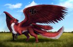  ambiguous_gender avian beak cloud cross day feral forearms grass gryphon holding_object iron_cross looking_back male_(lore) mythological_avian mythology plant pose red_baron red_wings scaled_forearms scales solo spacedragon14 spread_wings terror_(terrorwing) wings 