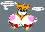  big_breasts breasts canid canine clothing crossgender english_text female floating_arms fox huge_breasts mammal miles_prower nipples norithics sega sharking sonic_the_hedgehog_(series) text topwear tube_top 