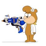  1:1 accessory anthro bandanna black_nose brown_body caramelbubbleart cindy_bear clothing female flower gun hanna-barbera hi_res holding_object holding_weapon jellystone_(hbo_max) kerchief mammal plant ranged_weapon simple_background solo standing uniform ursid weapon white_background yogi_bear 