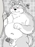  2021 3:4 anthro balls belly blush bodily_fluids canid canine canis cum cum_on_face domestic_dog duo edit eyes_closed genital_fluids genitals goujuyu japanese_text kemono male male/male mammal moobs navel nipples overweight overweight_male penis solo_focus text translation_request uncensored 
