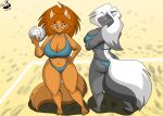  absurd_res anthro ball big_breasts bikini breasts butt_pose cjshadorunner cleavage clothed clothing daryl_vecat domestic_cat felid feline felis female hi_res kelsey_sienna mammal mephitid pose skunk solo sport swimwear volleyball volleyball_(ball) volleyball_court 
