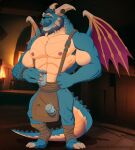  2019 activision anthro apron apron_only armpit_hair biceps body_hair claws clothing dragon facial_hair facial_piercing gavin_(spyro) greeneyedwolfking hi_res male membrane_(anatomy) membranous_wings mostly_nude mug muscular muscular_male mustache nipples nose_piercing nose_ring pecs piercing scalie smile solo spyro_reignited_trilogy spyro_the_dragon video_games western_dragon wings 