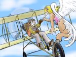  4:3 aircraft airplane angel armor canid canine domestic_cat duo eyewear feathers felid feline felis female flying fox goggles headgear helmet male mammal pilot wings 