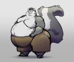  anthro belly big_belly black_body black_fur butt butterflux clothed clothing dewlap_(anatomy) double_chin eyewear fur glasses male mammal mephitid moobs navel obese obese_anthro obese_male overweight overweight_anthro overweight_male skunk smile solo standing thick_thighs topless wide_hips 