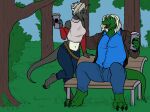  anthro barefoot blue_bottomwear blue_clothing blue_pants blue_shirt blue_topwear bottomwear breasts clothed clothing coffee_mug day denim denim_clothing digital_media_(artwork) duo eye_contact feet female fully_clothed grass green_body green_scales green_tail grey_body grey_scales grey_tail hair hi_res holding_object jeans lizard looking_at_another male midriff navel open_mouth open_smile outside pants park park_bench plant reia_(zerrexnarrius) reptile scales scalie shirt sitting smile standing thehades topwear tree white_body white_hair white_scales zerrex_(zerrexnarrius) 