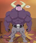  abs belt biceps bone bottomwear bovid bovine bulge cartoon_network claws clothed clothing eduardo eyebrows fangs foster&#039;s_home_for_imaginary_friends fur greeneyedwolfking hi_res horn imaginary_friend male mammal monster muscular nipples pants pecs purple_body purple_fur skull smile solo spanish_text text topless translated unibrow 