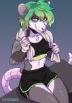  2021 5_fingers anthro breasts clothed clothing didelphid digital_media_(artwork) female fingers green_hair hair kaitycuddle looking_at_viewer mammal marsupial midriff navel pink_eyes smile solo 