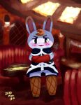  &lt;3 &lt;3_eyes 2021 animal_crossing anthro biped blush cafe cigarette clothing digital_media_(artwork) dress eyebrows eyeshadow female genitals gloves handwear hi_res inside lagomorph leporid lipstick makeup mammal nintendo pubes pussy rabbit restaurant solo tiffany_(animal_crossing) video_games yiffnotgif 