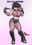  anthro athletic bdsm_gear big_breasts black_hair boots breasts clothing curvy_figure dewiddle_sisters domestic_pig ear_piercing female fishnet fishnet_clothing fishnet_handwear footwear goth hair handwear hi_res mammal midriff nipples piercing rabies_t_lagomorph short_hair solo styx_de_widdle suid suina sus_(pig) tongue tongue_out 