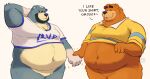  2021 animal_crossing anthro bearafterall beard belly black_nose clothing curt_(animal_crossing) duo english_text facial_hair grey_body hand_holding hi_res male male/male mammal moobs navel nintendo orange_body overweight overweight_male shirt teddy_(animal_crossing) text topwear ursid video_games 