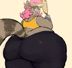  anthro big_butt blue_eyes bottomwear butt canid canine clothed clothing fapin female hair huge_butt leggings legwear looking_at_viewer looking_back mammal open_mouth overweight overweight_anthro overweight_female pants pink_hair simple_background solo tennis_racket tight_clothing tights yoga_pants 