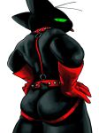  anthro black_body black_fur blep butt cartoon_network clothing collar domestic_cat felid feline felis fur green_eyes harness hi_res jockstrap leather leather_harness looking_back male mammal mao_mao:_heroes_of_pure_heart mymu666 rear_view sheriff_mao_mao_mao solo tongue tongue_out underwear 