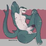  5_fingers 5_toes anthro balls beastjuice feet fingers fish genitals grin hi_res humanoid_genitalia male marine multicolored_body muscular muscular_anthro muscular_male nipples nude pecs penile_spines penis raised_hand scalie scar shark shark_tail simple_background sitting smile solo teeth toes 