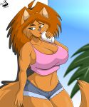  5:6 absurd_res anthro beverage bottomwear breasts cjshadorunner cleavage clothed clothing cutoffs daryl_vecat denim denim_clothing domestic_cat felid feline felis female hi_res mammal shorts solo 