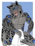  abs absurd_res anthro blep bodily_fluids cooper_(emptysync) felid fonyaa hi_res male mammal muscular pantherine pecs snow_leopard solo sweat tongue tongue_out towel 