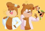  accessory anthro black_nose boo-boo_bear brown_body brown_hair caramelbubbleart cindy_bear clothing eyes_closed female flower hair hanna-barbera hat headgear headwear hi_res jellystone_(hbo_max) male mammal open_mouth open_smile plant simple_background smile tan_body uniform ursid yellow_background yogi_bear yogi_bear_(character) 
