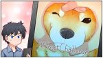  2021 ambiguous_gender black_hair blue_eyes canid canine canis cellphone clothing domestic_dog duo feral hair holding_cellphone holding_object holding_phone holding_smartphone human male mammal meme phone shiba_inu shirt smartphone snoot_challenge soukosouji spitz topwear 