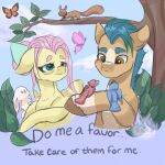  1:1 2d_(artwork) absurd_res aged_up arthropod avian bird butterfly duo earth_pony english_text equid equine feathered_wings feathers female feral floppy_ears fluttershy_(mlp) friendship_is_magic fur hair hasbro hi_res hitch_trailblazer_(mlp) hooves horse insect lagomorph leaf lepidopteran leporid male mammal mlp_g5 my_little_pony old outside pegasus pink_hair plant pony rabbit rodent sciurid skyboundsiren smile text tree tree_squirrel wings yellow_body 