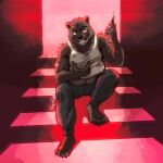  1:1 anthro brian_(echo) clothing echo_(game) echo_(series) echo_project fruitz hi_res male mammal mange musclegut red_eyes shirt slightly_chubby smile solo sweatpants syringe tank_top topwear ursid video_games visual_novel 