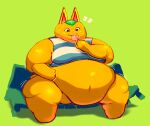  animal_crossing anthro belly bench big_belly bottomless breasts candy clothed clothing dessert domestic_cat elemental_creature emanata fapin felid feline felis female flora_fauna food food_creature fruit green_background holding_food holding_object leaf licking_lollipop living_fruit lollipop mammal morbidly_obese morbidly_obese_anthro morbidly_obese_female navel nintendo obese obese_anthro obese_female orange_body overweight overweight_anthro overweight_female plant simple_background sitting solo tangy_(animal_crossing) tongue tongue_out video_games 