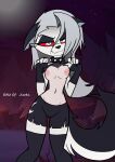  &lt;3 2021 absurd_res anthro areola black_body black_fur blush breasts canid canid_demon clothed clothing clothing_lift demon detailed_background digital_media_(artwork) edit female flashing fur grey_body grey_fur hellhound helluva_boss hi_res jizoku looking_at_viewer loona_(helluva_boss) mammal multicolored_body multicolored_fur narrowed_eyes nipples shaded shirt shirt_lift small_breasts smile smirk solo topwear white_body white_fur 
