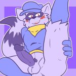  1:1 anthro balls clothed clothing digital_media_(artwork) erection fizzyjay fur genitals hi_res looking_at_viewer male mammal penis procyonid raccoon simple_background sly_cooper sly_cooper_(series) smile solo sony_corporation sony_interactive_entertainment sucker_punch_productions video_games 