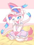  3:4 absurd_res accessory ambiguous_gender bed blush bodily_fluids checkered_style_sylveon clothed clothing dress eeveelution feral fur furniture hanabi162271945 hi_res kneeling leg_markings looking_at_viewer markings nintendo on_bed pink_body pink_ears pink_fur pink_tail pok&eacute;mon pok&eacute;mon_(species) pokemon_unite ribbons semi-anthro shy simple_background sitting smile socks_(marking) solo sylveon tears video_games 