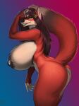  2020 3:4 anthro big_breasts big_butt breasts butt canid canine curvy_figure female fox fur hair hi_res huge_breasts jamie_(novaduskpaw) looking_at_viewer mammal nipple_piercing nipples omari piercing raised_tail simple_background solo standing teeth text thick_thighs voluptuous 