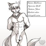  1:1 abs anthro balls bracelet canid canine canis clothing egyptian english_text fur genitals jewelry leather male mammal midnight_blue muscular muscular_anthro muscular_male penis sketch slave solo text wolf 