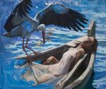  ambiguous_gender avian beak bird boat branch breasts brown_hair clothing duo eyes_closed female feral gnevol hair hi_res human mammal mostly_nude nipples oil_painting_(artwork) painting_(artwork) pubes stork traditional_media_(artwork) translucent translucent_clothing undressing_another vehicle water watercraft 