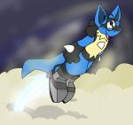  anthro boots clothing cloud dingoroo flying footwear hi_res lucario male nintendo pok&eacute;mon pok&eacute;mon_(species) rocket_boots sky solo video_games 