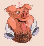  &lt;3 2021 anthro bodily_fluids disembodied_hand disembodied_head domestic_pig duo gully male mammal open_mouth overweight rubbing_cheek saliva saliva_on_tongue saliva_string simple_background solo_focus suid suina sus_(pig) sweat tattoo teeth tongue tongue_out 