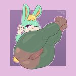  1:1 2021 animal_crossing anthro backsack balls big_butt blonde_hair butt clothing feet frumples fur genitals gesture green_body green_fur hair huge_butt lagomorph leggings leggings_only legwear leporid looking_at_viewer male mammal nintendo one_eye_closed pantyhose perineum rabbit sasha_(animal_crossing) scut_tail short_tail smile smirk solo thick_thighs toes v_sign video_games wink 