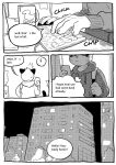  2021 anthro clothing comic container cougar cup dialogue english_text felid feline greeting hajime_tanaka_(odd_taxi) hi_res hoodie kemono keyboard_(computer) male mammal milkytiger1145 monochrome odd_taxi solo text topwear 