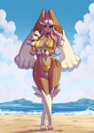  2021 absurd_res alanscampos anthro arm_under_breasts beach big_breasts bikini black_sclera breasts brown_body brown_eyes brown_fur choker clothing cloud eyelashes female fur hi_res jewelry looking_at_viewer lopunny navel necklace nintendo nipple_outline one_eye_closed outside pok&eacute;mon pok&eacute;mon_(species) sand seaside side-tie_bikini smile smiling_at_viewer solo swimwear thigh_gap video_games yellow_bikini yellow_clothing yellow_swimwear 