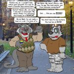  1:1 2021 anthro badger binturong black_nose bottomwear brucebadger clothing duo english_text greeting grey_body humanoid_hands male male/male mammal mustelid musteline necktie outside overweight overweight_male pants real shirt shorts sweater sweater_vest text tongue tongue_out topwear vest viverrid 