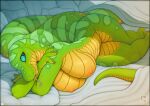  2021 anthro bedding bedding_background big_breasts breasts claws curvy_figure female forked_tongue green_body lying nipples non-mammal_breasts nude on_side pillow reptile scalie snake solo thick_thighs tongue tongue_out vader-san wide_hips yellow_body 