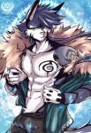  abs anthro arm_tattoo asian_clothing bulge canid canine canis chest_tattoo clothing east_asian_clothing fur hi_res japanese_clothing kimono magic_user male mammal midnight_blue muscular muscular_anthro muscular_male solo tattoo wolf 